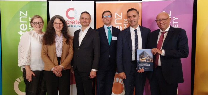 Photo from the Concrete NZ roadmap launch. L-R: Jennifer Taylor, Barbara Nebel, Hon James Shaw, Nick Traber, George Agriogiannis and Rob Gaimster